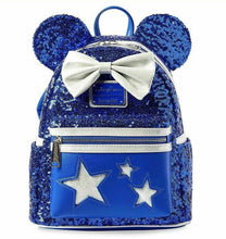 Load image into Gallery viewer, Disney Parks Mini Backpack Ears Wristlet Set Make A Wish Blue Sequin Loungefly