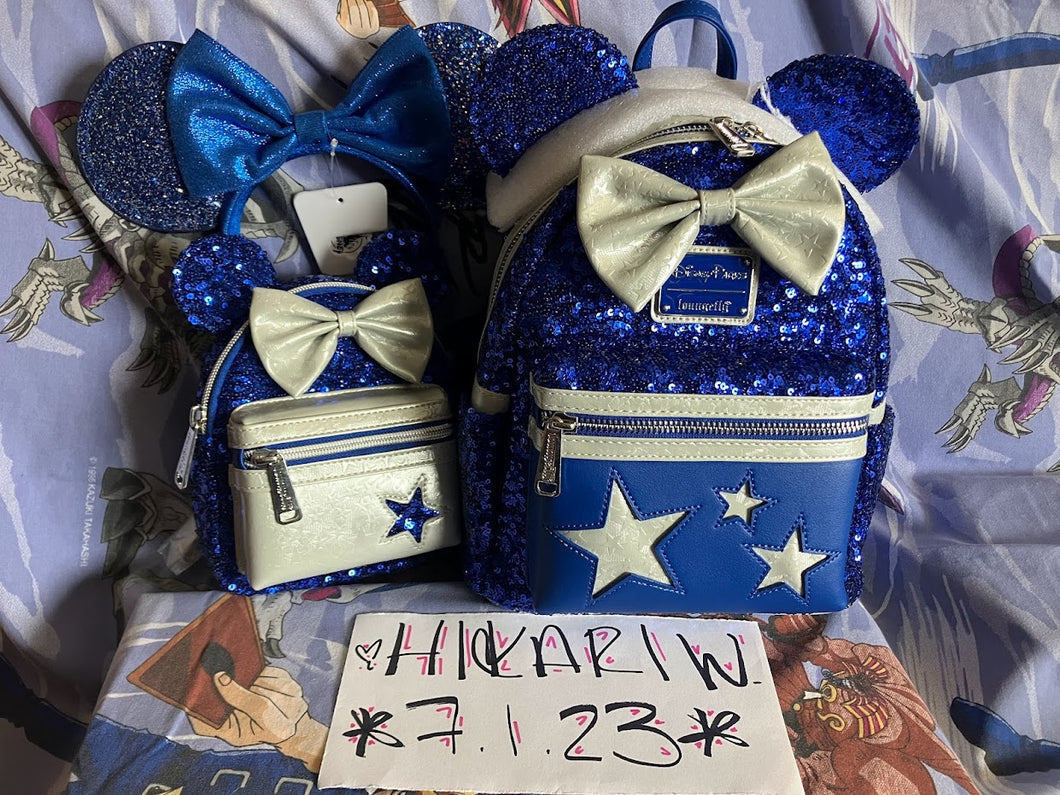 Disney Parks Mini Backpack Ears Wristlet Set Make A Wish Blue Sequin Loungefly